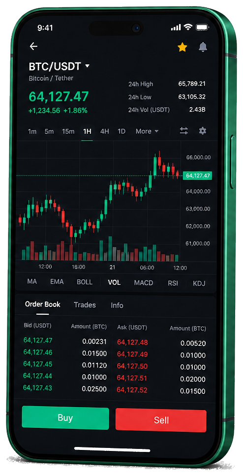 Interface mobile de trading Pioneer Kopitiume — cours BTC/USDT en temps réel, carnet d’ordres et outils de suivi des transactions